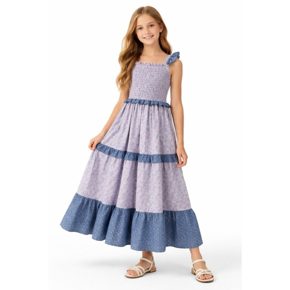 Andy‎ & Evan Girls Blue Floral Smocked Tiered Maxi Dress XL 16 NWT